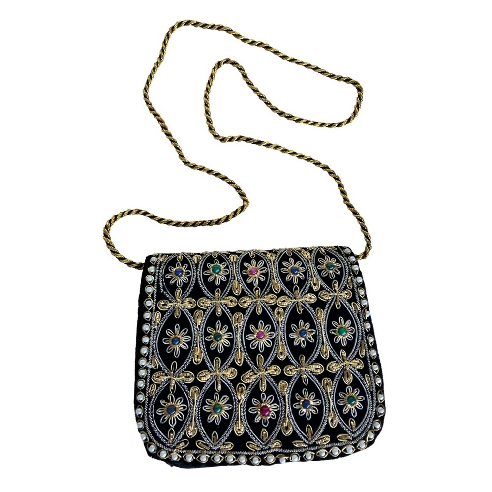 Vintage Velvet Black and Gold Shoulder Bag